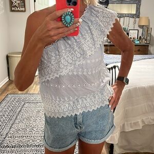 American Eagle 🦅 One Shoulder Gorgeous eyelet light blue pinstripe top, size XL